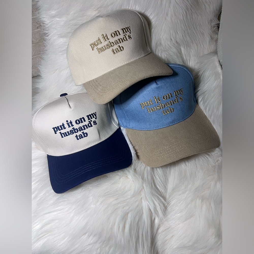 PUT IT ON MY HUSBANDS TAB trucker hat neutral corduroy cap new 2 for $40